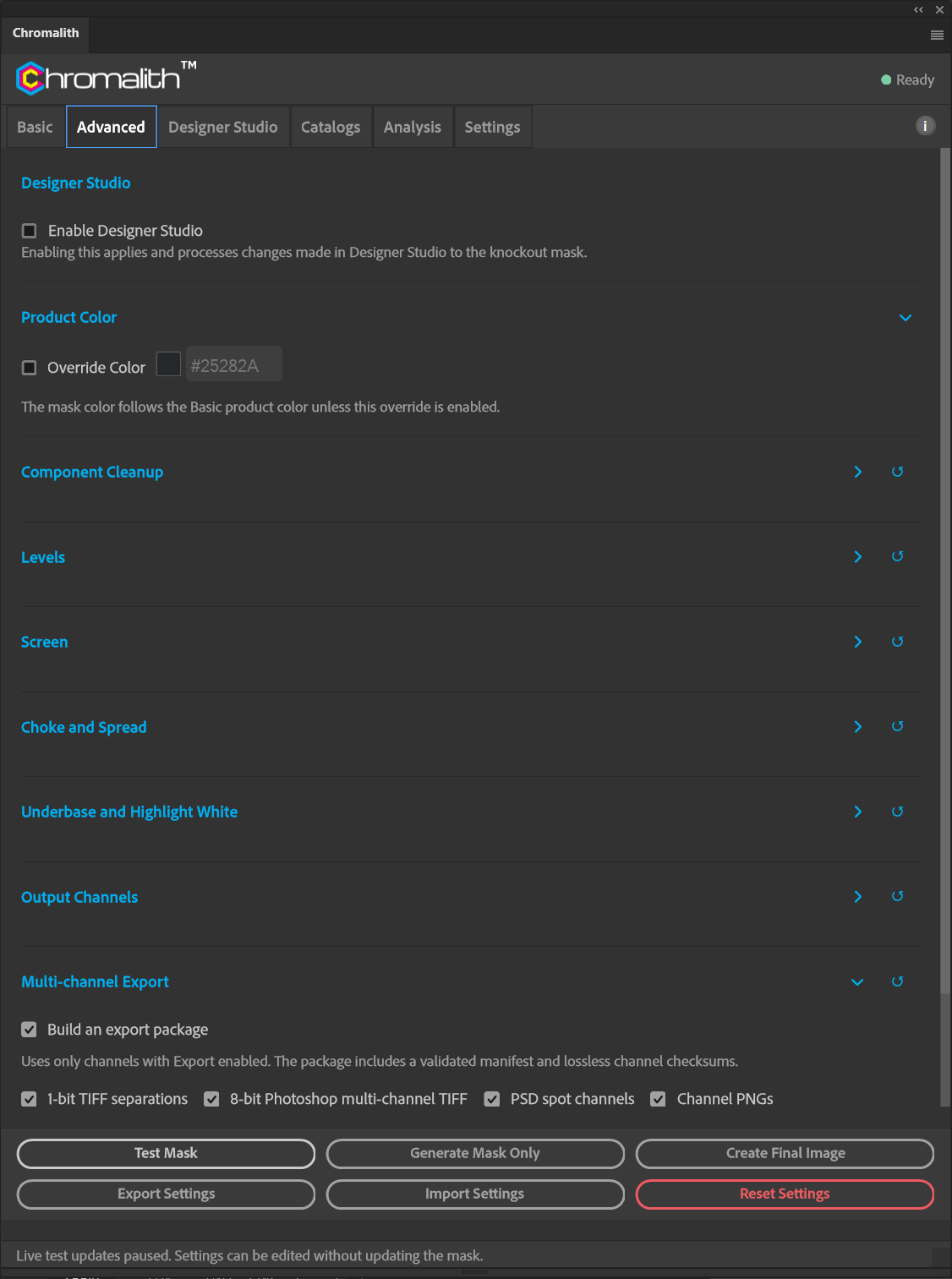 The Advanced tab shows the Designer Studio and color override switches above collapsed processing sections.