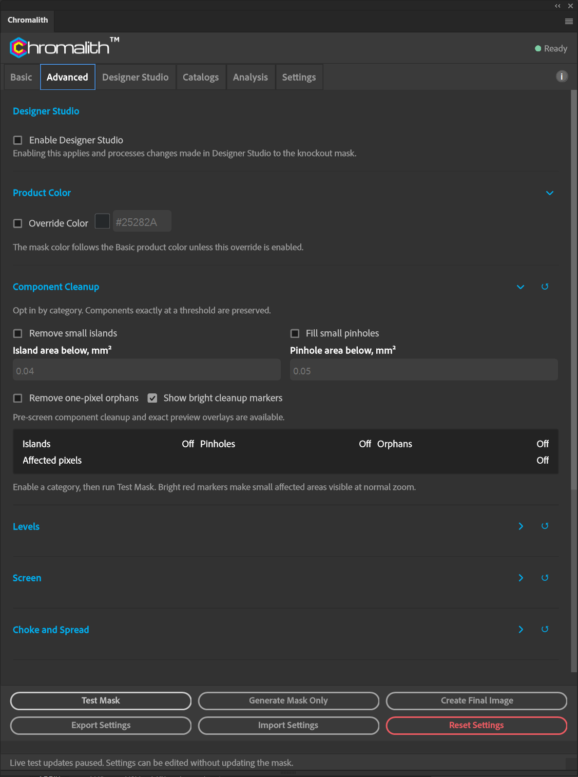 The Component Cleanup section shows island, pinhole, orphan and bright marker controls.