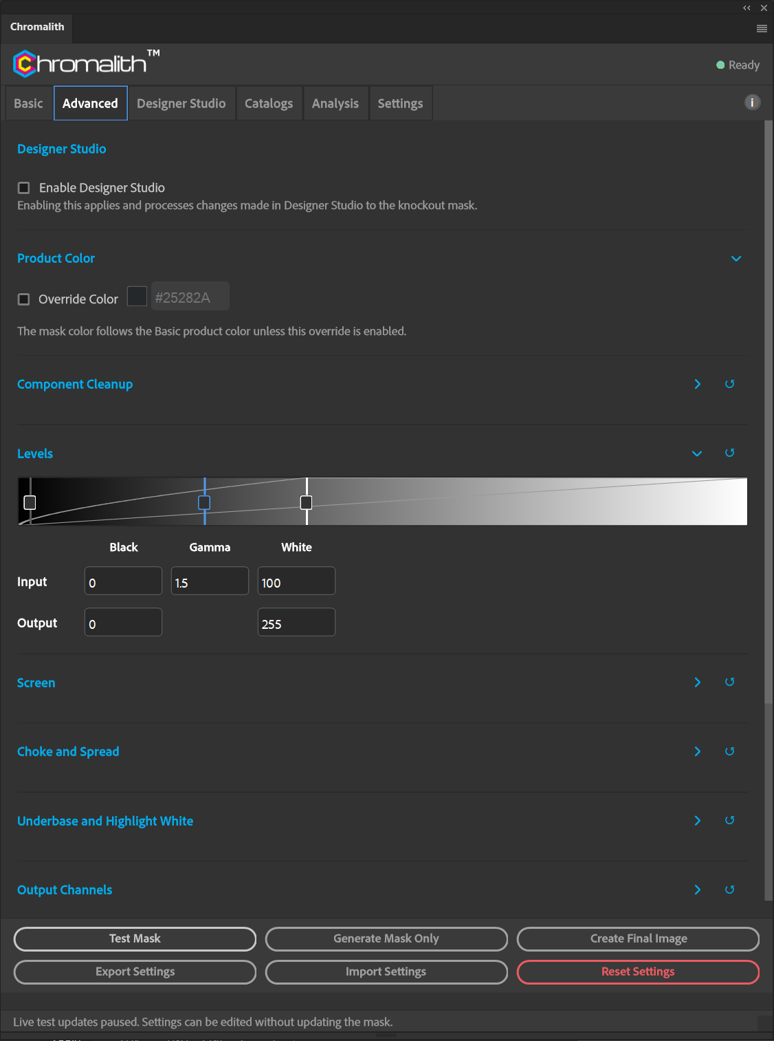 The Levels section shows a grayscale ramp, tonal curve, slider handles and numeric input and output fields.