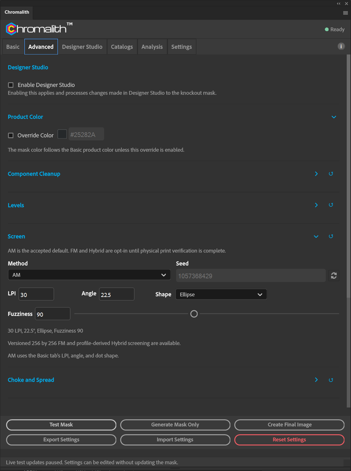 The Screen section shows the method picker, frequency, angle, dot shape and fuzziness controls.