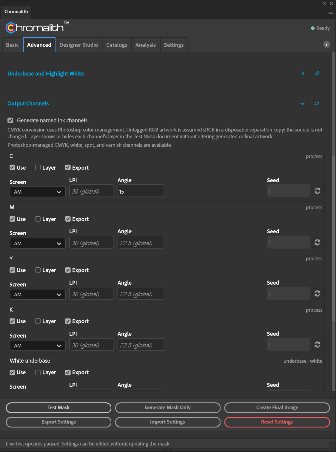 A closer Output Channels view shows the process ink rows and their frequency, angle and seed fields.