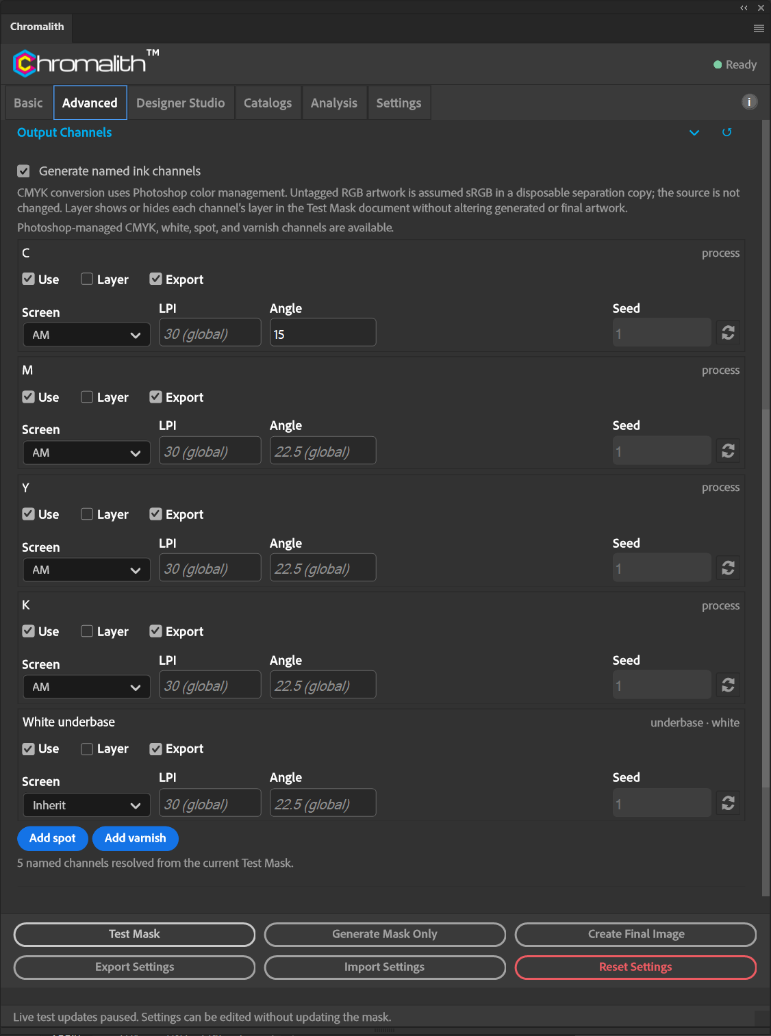 The Output Channels section shows five ink rows with layer switches and per-channel screen settings.