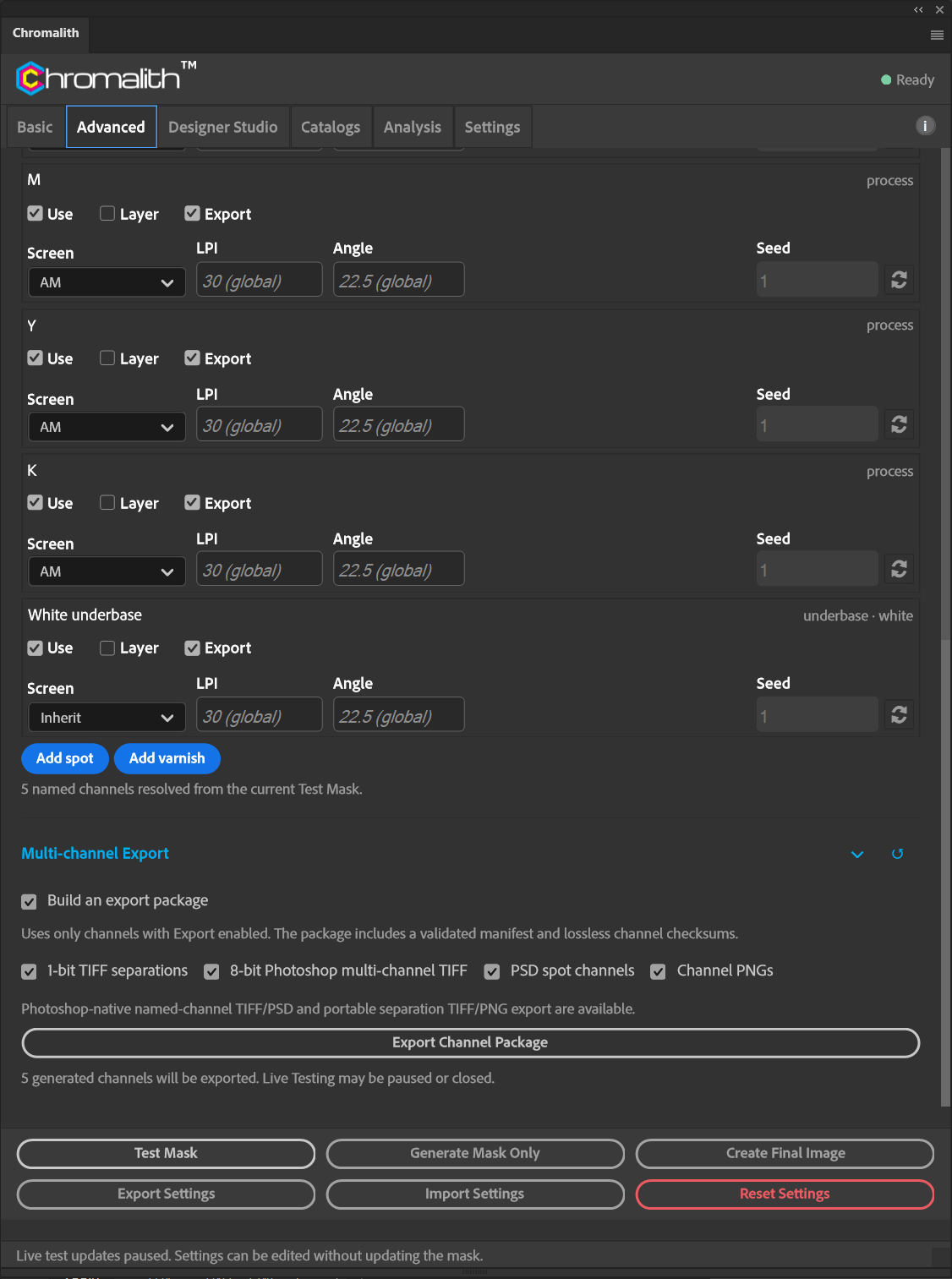 The Multi-channel Export section shows four checked output formats and the Export Channel Package button.