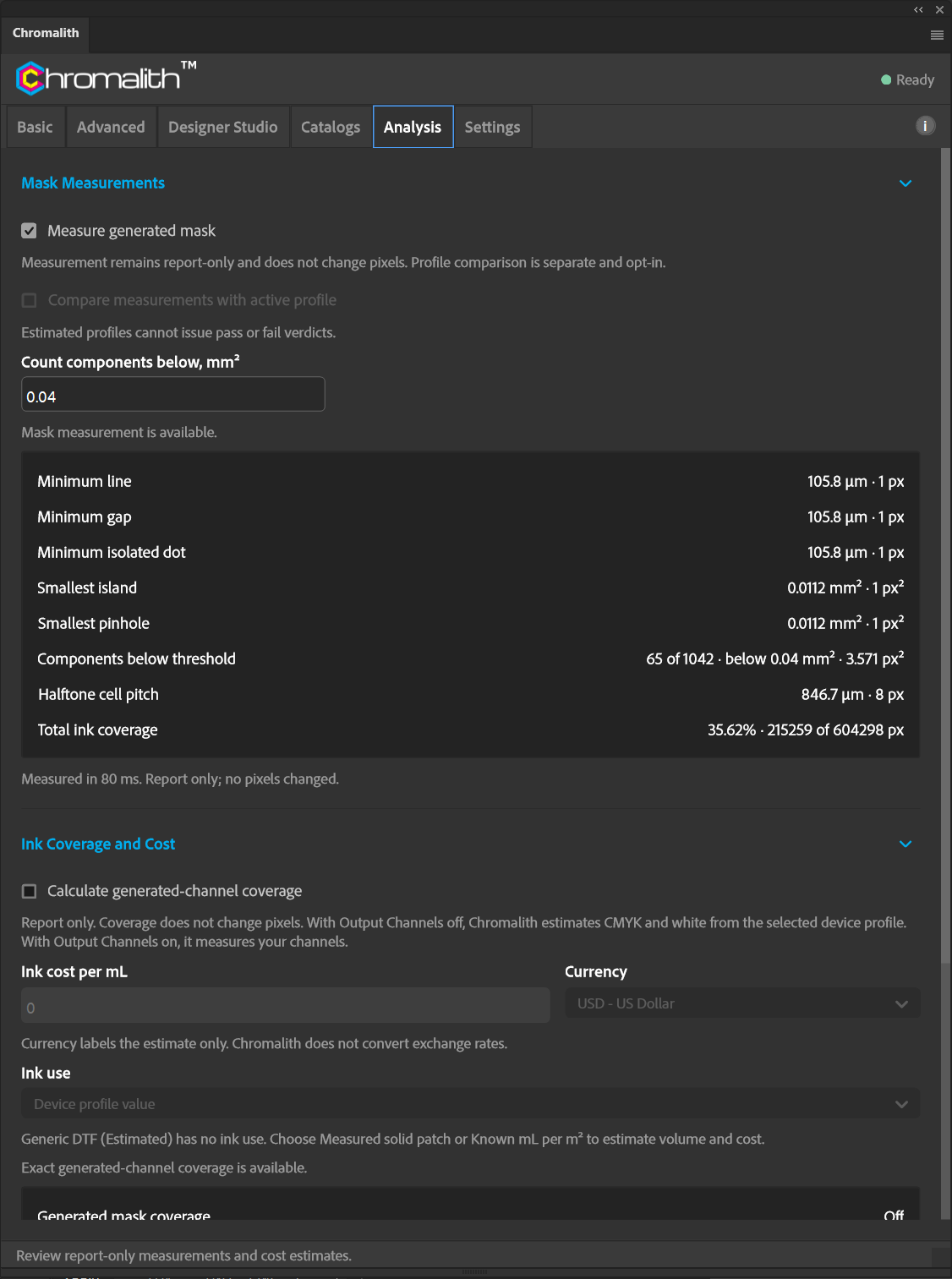 The Analysis tab shows measured line, gap, dot, component and ink coverage results.