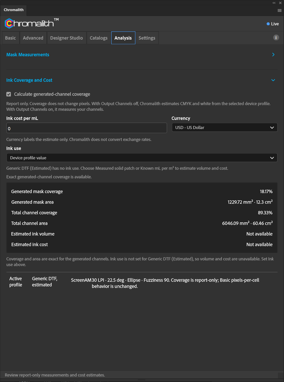 The Ink Coverage and Cost section shows coverage readings with unavailable ink volume and cost estimates.