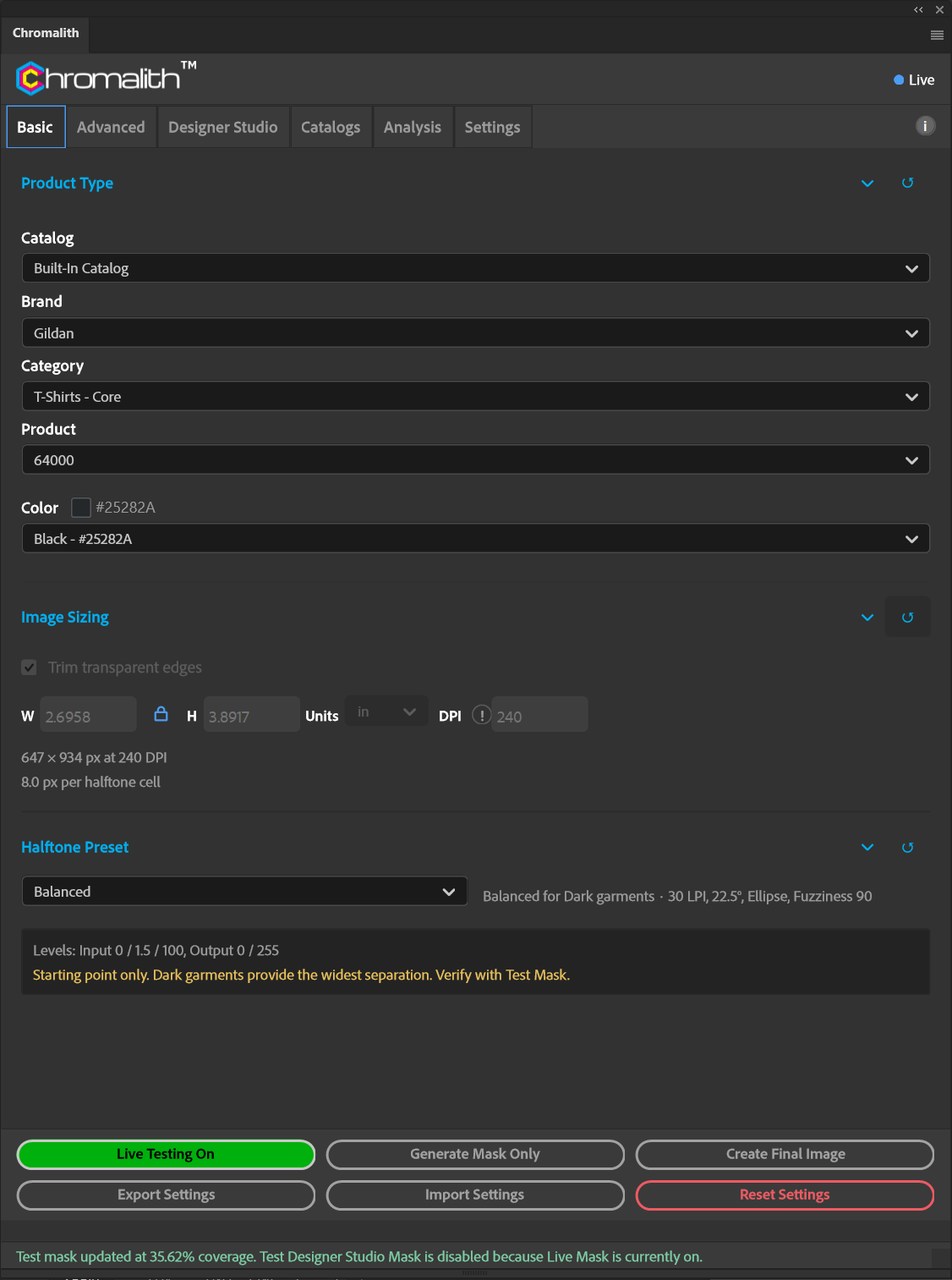 The Basic tab shows a green Live Testing button and a completed mask coverage message.