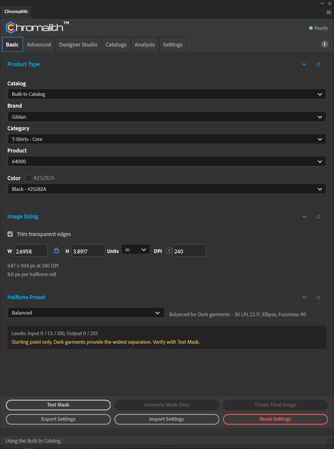 The Basic tab shows garment selection, trimmed image dimensions and the Balanced halftone preset.