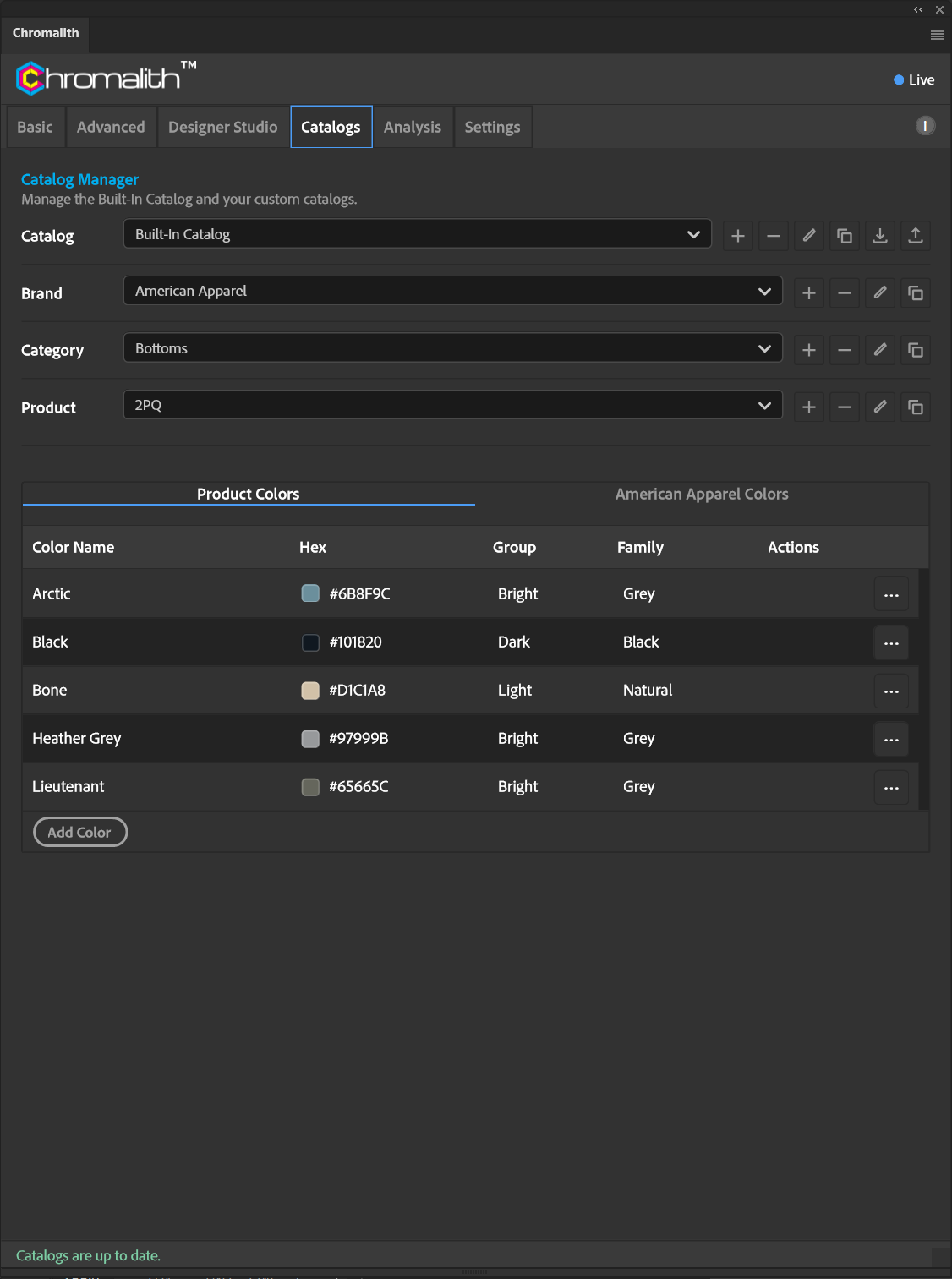 The Catalogs tab shows garment selection controls and a product color table with swatches.