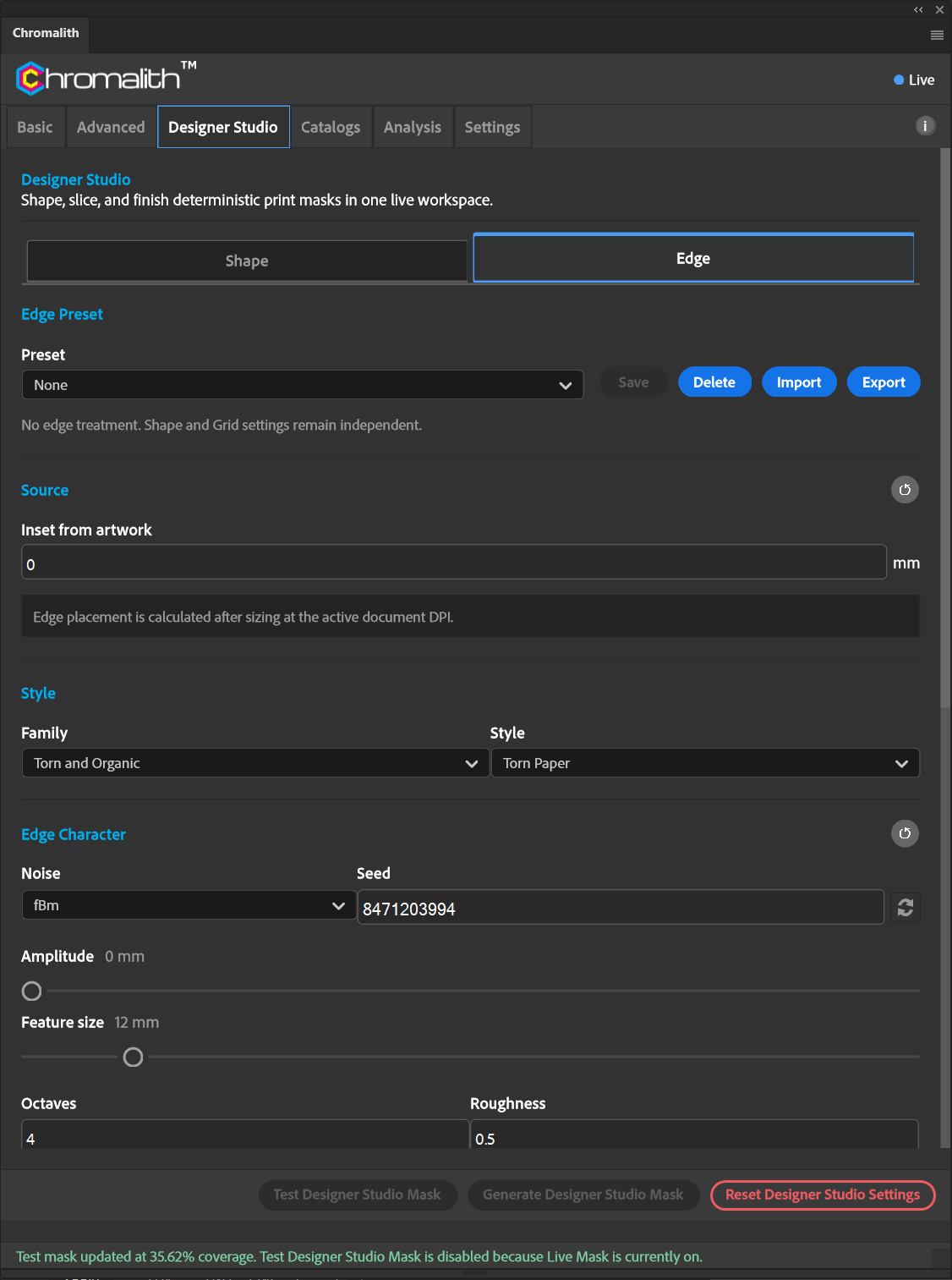 The Edge workspace shows its preset picker, source inset and adjustable noise settings.