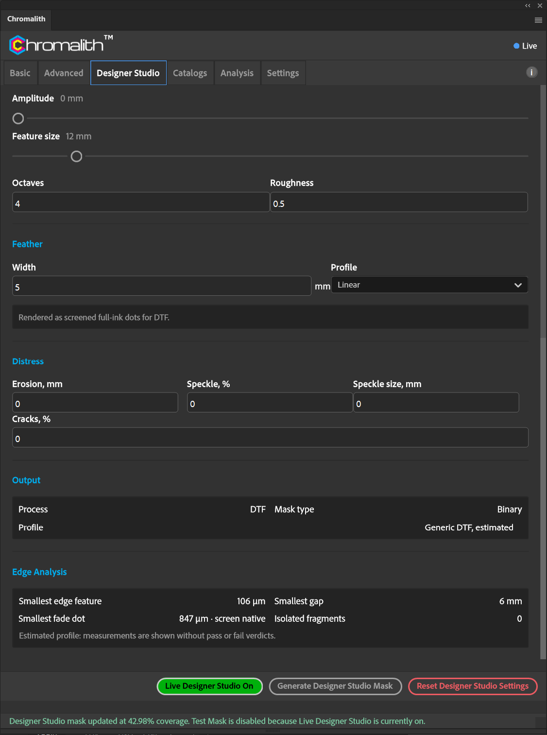 The Edge workspace shows feather and distress controls above binary output settings and edge measurements.