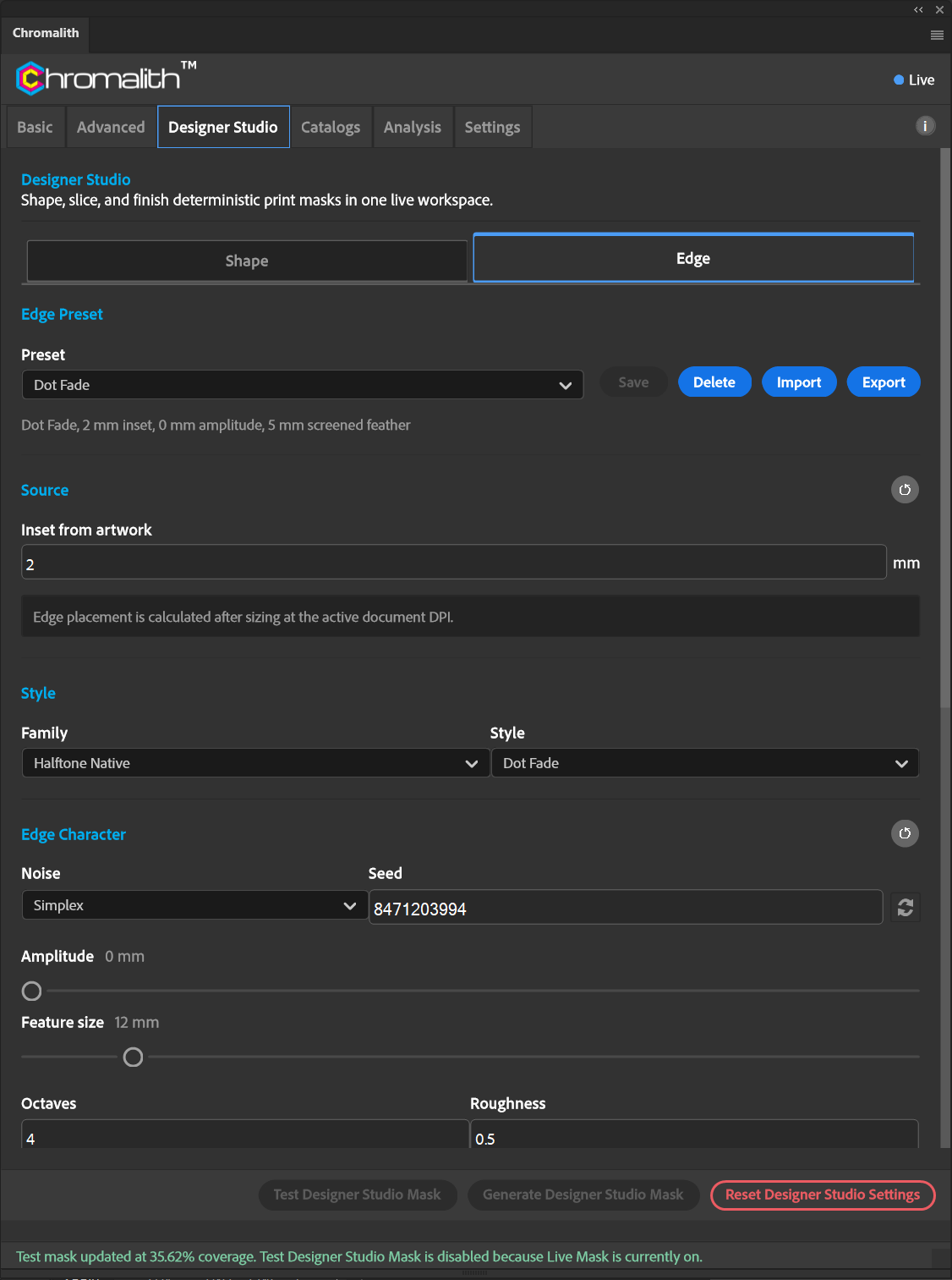 The Edge workspace displays the Dot Fade preset and its style and character controls.