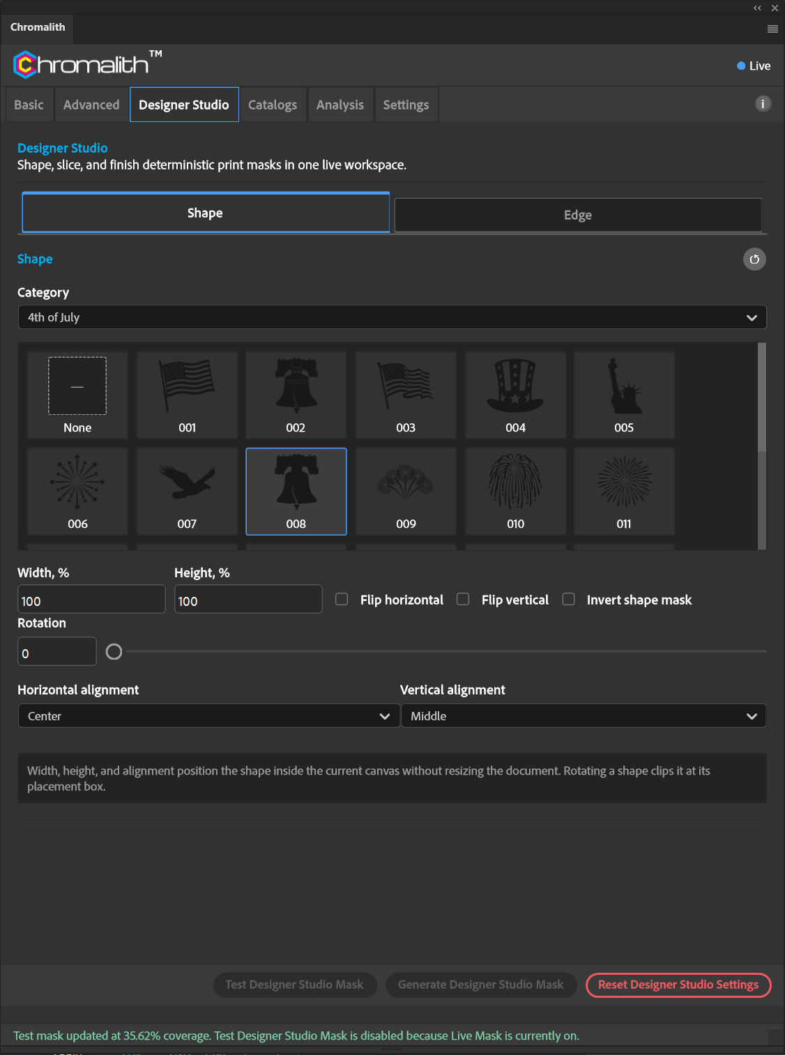 The Shape section shows a selected silhouette with size, flip, rotation and alignment controls.
