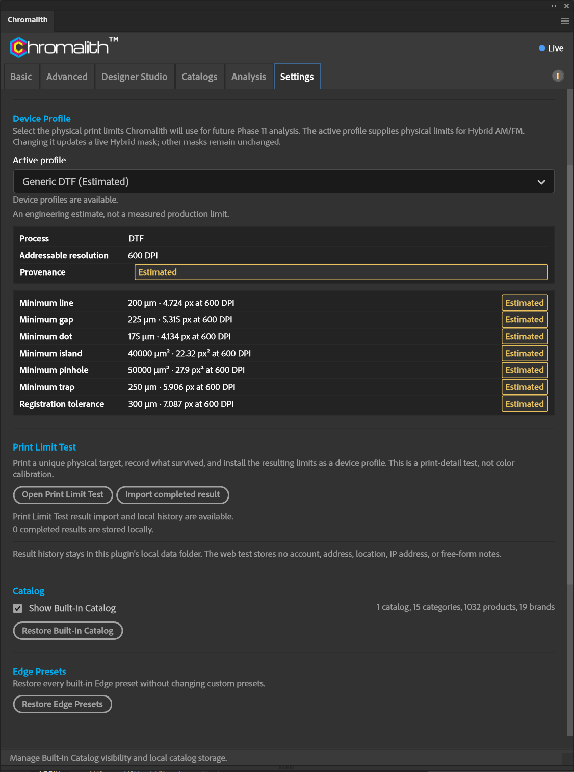 The Device Profile section displays printer limits with yellow Estimated provenance labels.