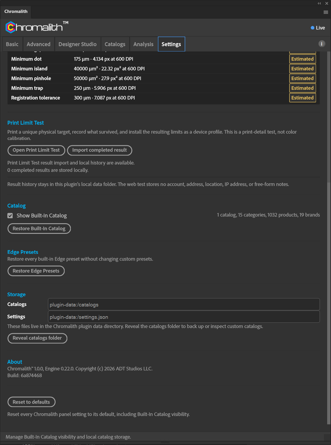 The Settings tab shows local catalog and settings locations above the About section.