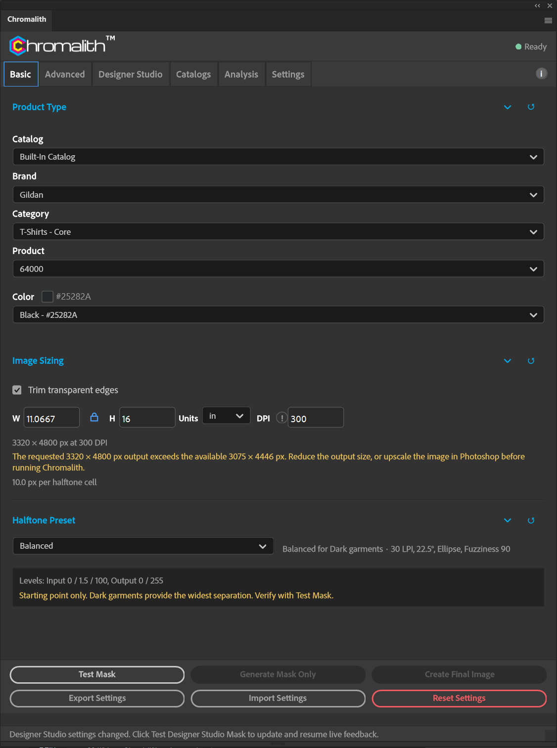 Image Sizing shows a requested height and a yellow warning that the output exceeds the available artwork pixels.
