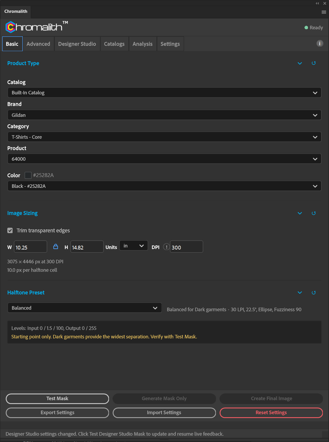 Image Sizing shows trimmed artwork dimensions with the aspect lock enabled and no enlargement warning.