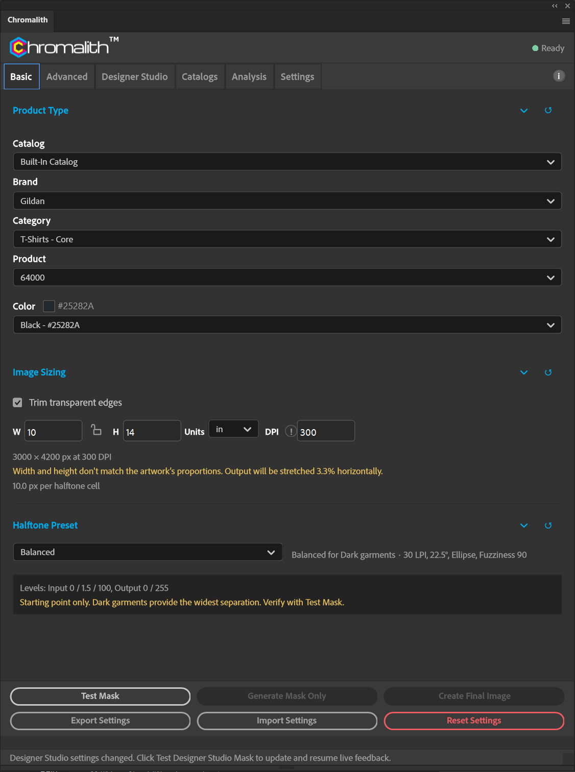 Image Sizing shows an unlocked aspect ratio and a horizontal stretch warning beneath the dimensions.