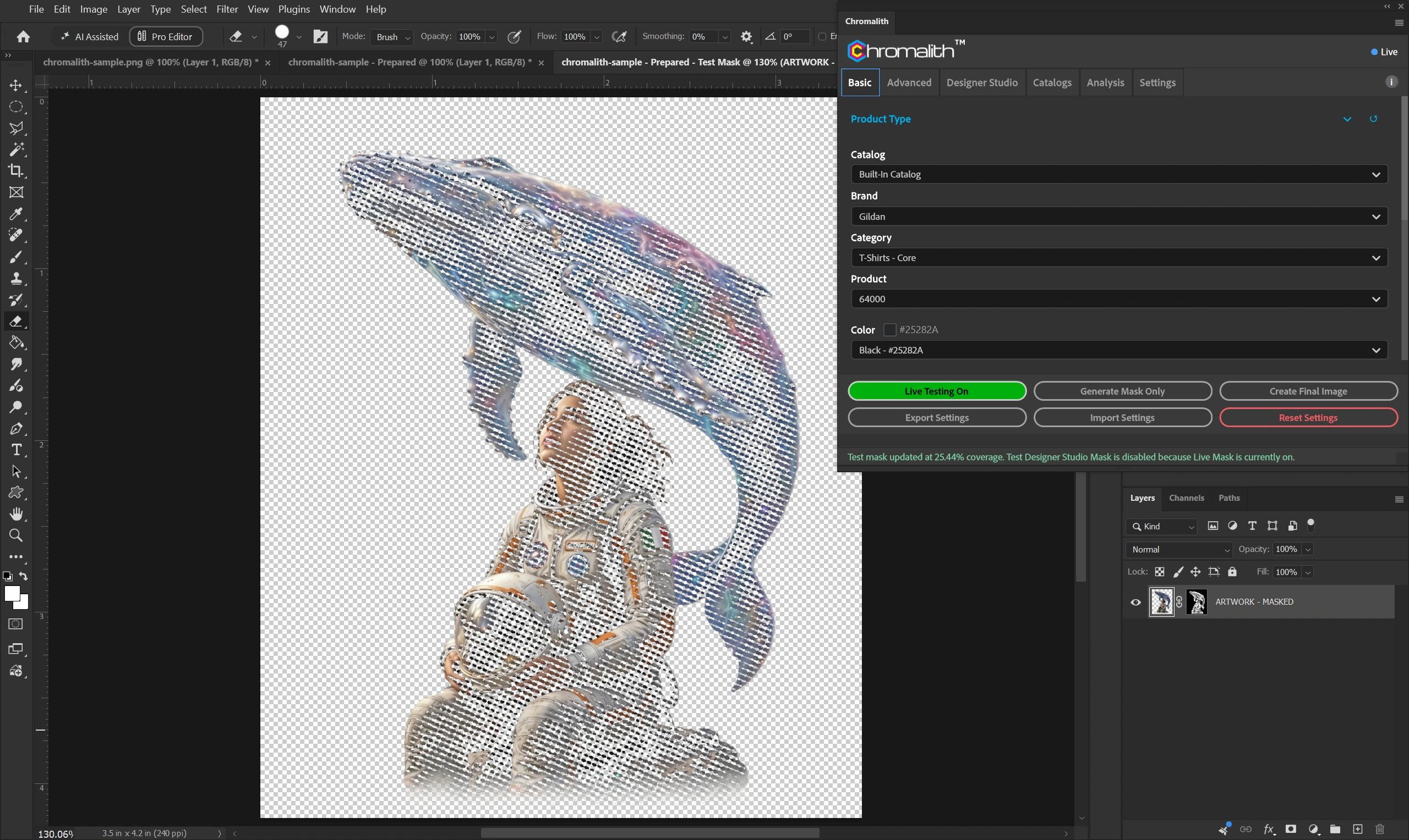 Photoshop shows masked space-themed artwork on transparency with the live Chromalith panel beside it.