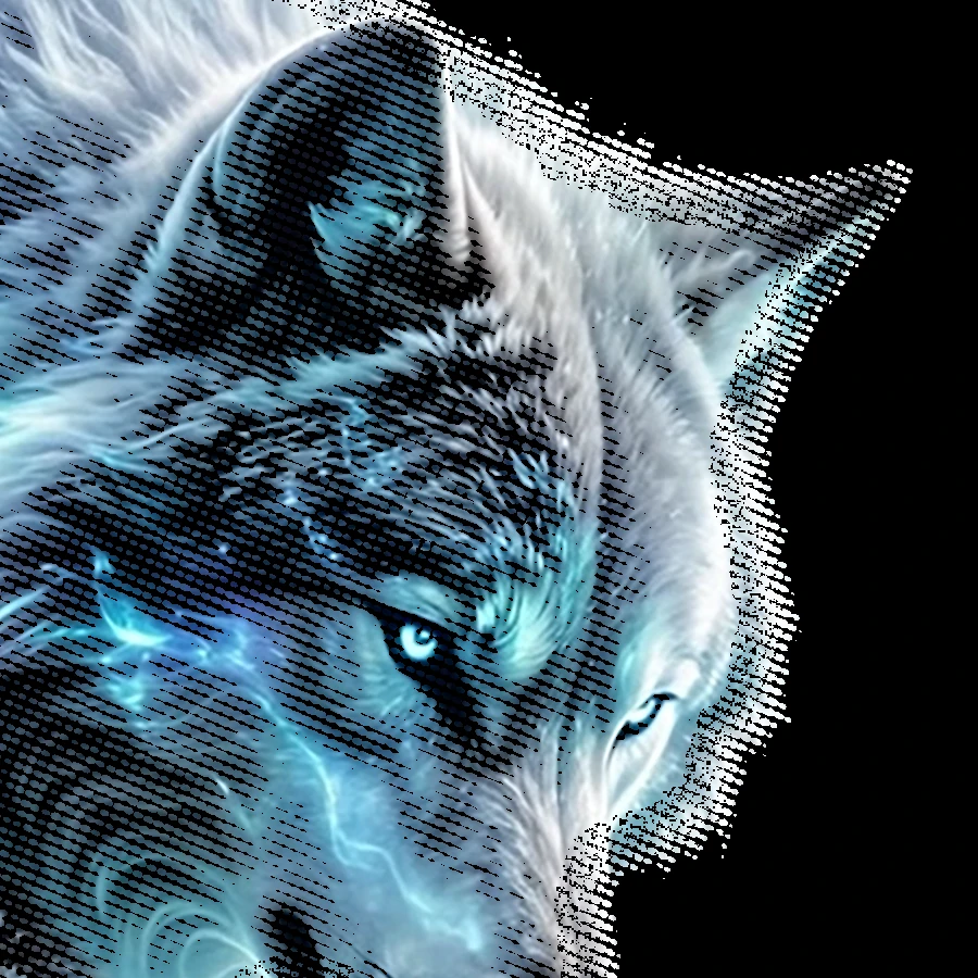 A 100% print-resolution crop showing the arctic wolf and screened edge on black