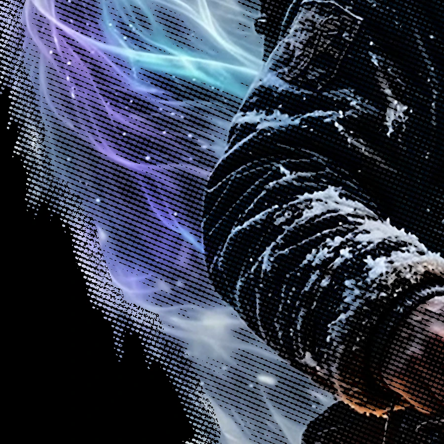 A 100% print-resolution crop of the wolf artwork's Dot Fade edge on black